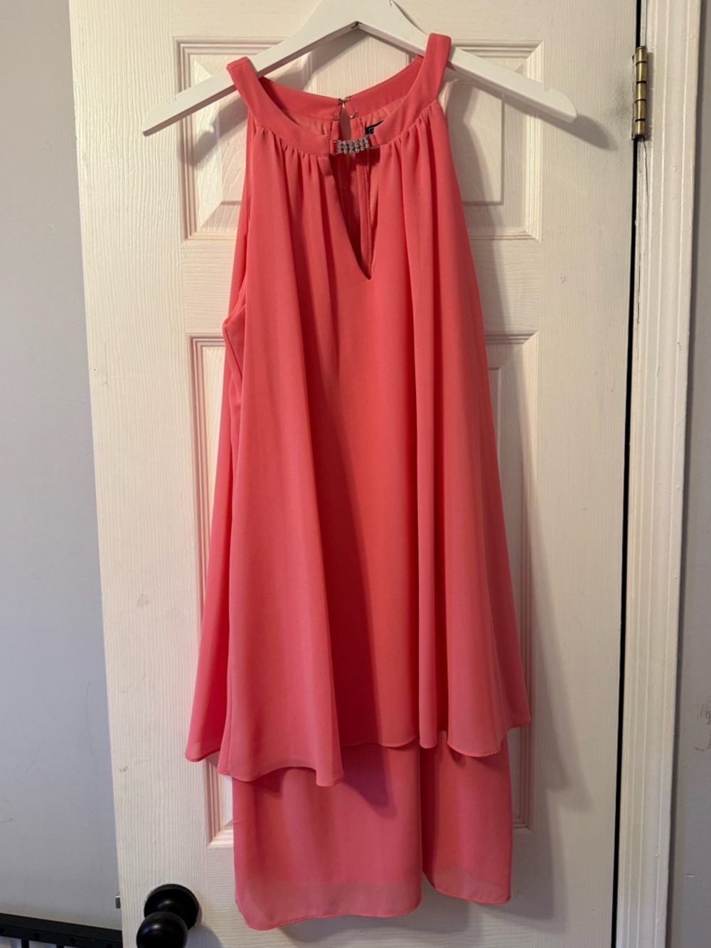 Jessica Howard Coral-Pink Chiffon Evening Dress with Jewel Accent